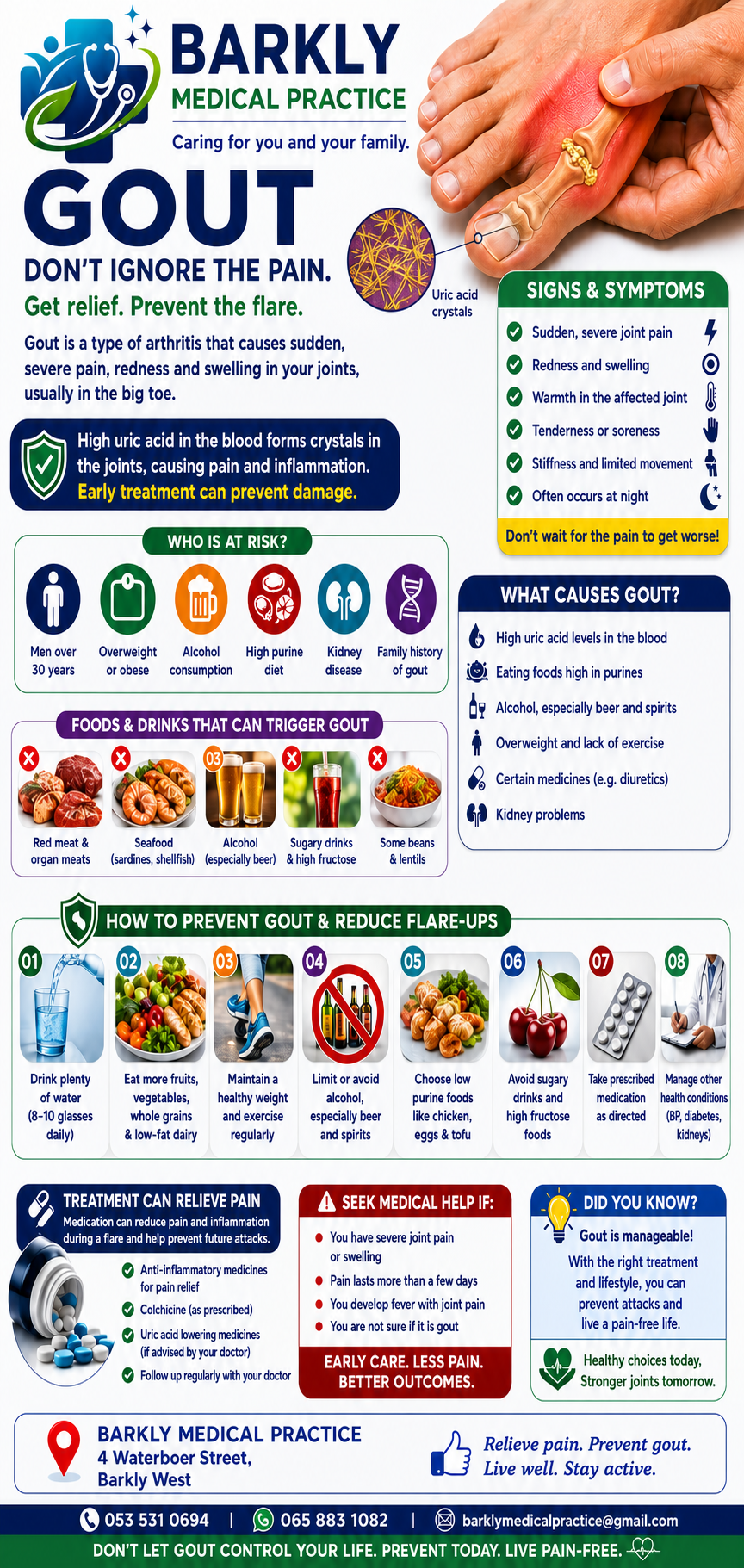Gout awareness and prevention patient education poster from Barkly Medical Practice